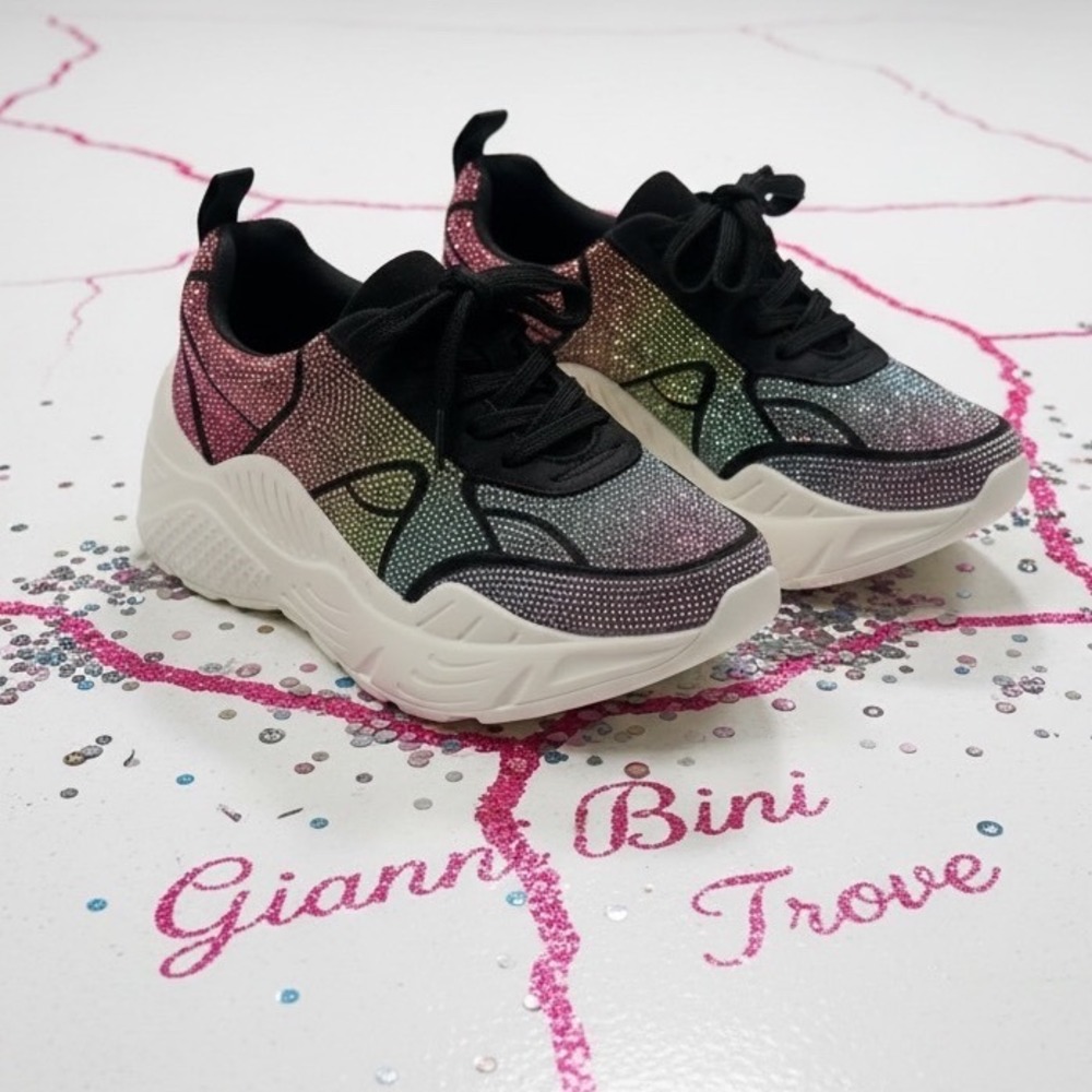 Gianni Bini Rainbow Rhinestone Platform Sneakers Womens 8M Chunky Multi-Color